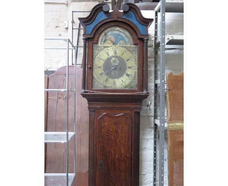 ANTIQUE OAK / MAHOGANY CASED LONGCASE CLOCK WITH PAINTED BRASS ROLLING MOON DIAL, BY JOHN GREENHALL BOLD, FOR RESTORATION.
