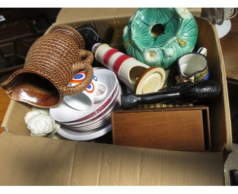 BOX LOT OF SUNDRIES INCLUDING CAMERA, CERAMICS, TREEN, BRASS AND JUGS, ETC. 