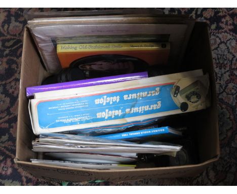 BOX OF SUNDRIES INCLUDING PICTURES, CAMERA ACCESSORIES AND CLOCK, ETC. 