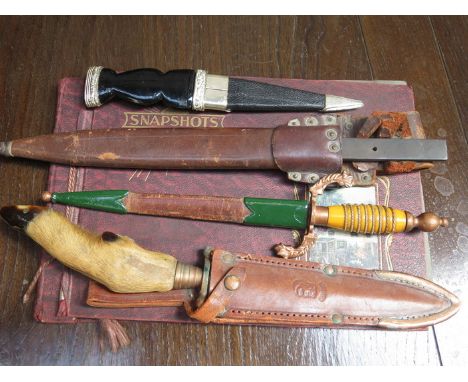 MILITARY BAYONET BLADE IN SCABBARD, SCOTTISH DIRK TYPE LETTER KNIVES AND PARCEL OF KENSITAS SILKS