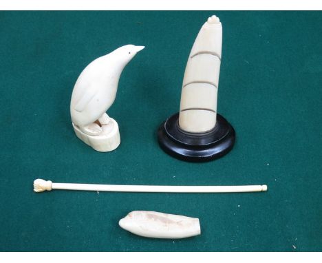 THREE PIECES OF IVORY AND REPRODUCTION SCRIMSHAW 