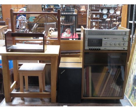 SHARP RECORD PLAYER AND RECORDS PLUS OAK BOOK RACK AND TOWEL RAIL, ETC. 
