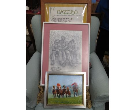VINTAGE FRAMED POEM OF THE GAZEBO BAR ON DUKE STREET, NORMAN APPLEBARM SKETCH OF PARADISE STREET PLUS HORSE RACING OIL ON BOA