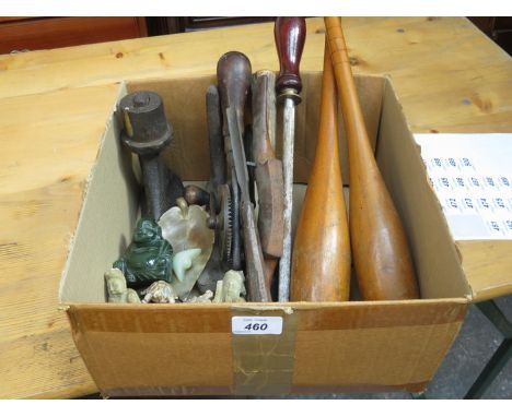SUNDRY ITEMS INCLUDING VINTAGE PINS, SHOE LASTS, TOOLS AND ORIENTAL SOAPSTONE CARVINGS, ETC. 