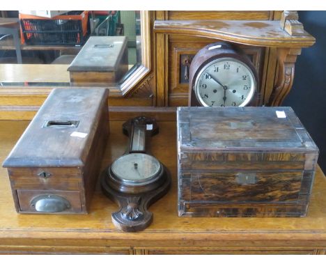 FITTED WRITING BOX, BAROMETER, CLOCK AND OLD SHOP TILL 
