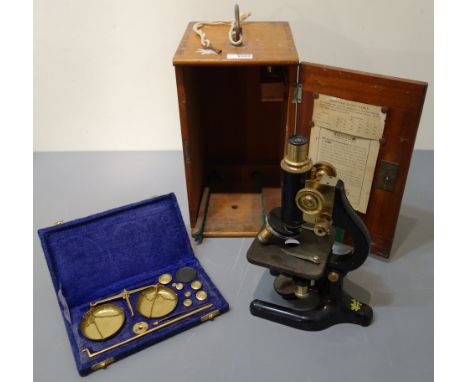 Early 20th century brass and black lacquer Microscope W.R.Prior & Co. London No. 5827 in fitted mahogany case 34cm overall an