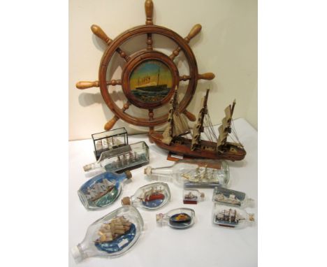Collection of ships in bottles, reproduction Titanic ships wheel and a wooden ship model 