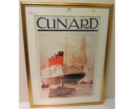 'Cunard' four stacker Mauritania entering New York' reproduction poster 68cm x 48cm in guilt frame  Condition Report Click he