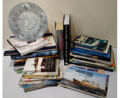 Maritime books, model ship building plans, modelling magazines, Falklands plate etc in two boxes 