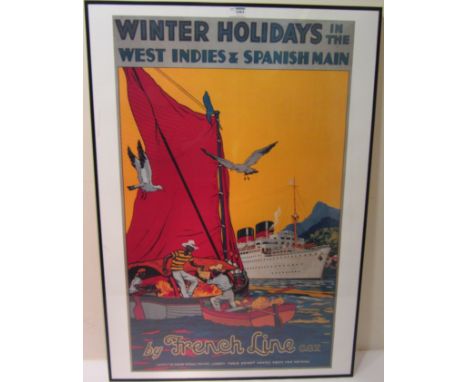 French Line CGT reproduction travel poster 'Winter Holidays in the West Indies and Spanish main' 99cm x 69cm  Condition Repor