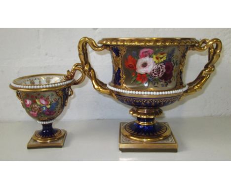 ROYAL WORCESTER FLIGHT BARR AND BARR PEDESTAL VASES, two similar, early 19th century, finely enamelled with floral cartouches