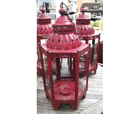 LANTERN LAMPS, a pair, Georgian style, red painted metal with glazed panels, approx 70cm H. (2)