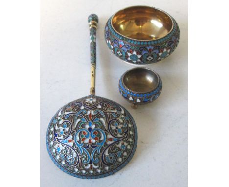 RUSSIAN SPOON, silver and enamel, 18.5cm L, Russian salt, silver and enamel, 6.5cm diam, and another smaller, 3.5cm diam. (3)