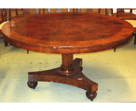 BREAKFAST TABLE, Regency burr yewwood with burr oak crossbanding and circular tilt top on a facetted column and triform base,