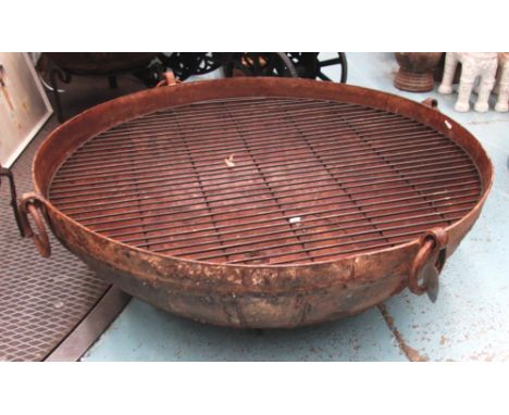 KADAI BOWL, 120cm diam of worked metal bowl with ring handles and grill.