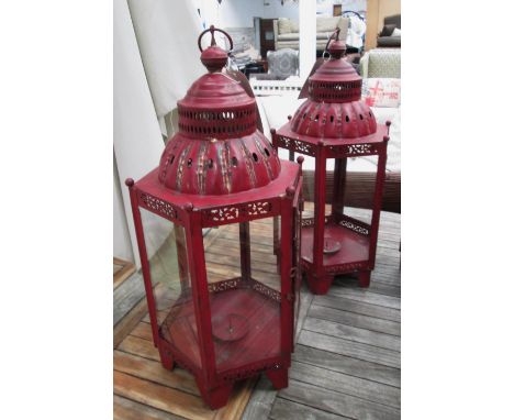 LANTERN LAMPS, a pair, Georgian style, red painted metal with glazed panels, approx 70cm H. (2)