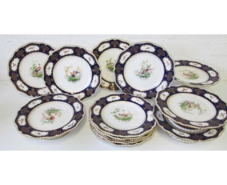 ROYAL WORCESTER PART DESSERT SERVICE, c.1900, finely painted with birds and insects to include four cake stands and nine plat