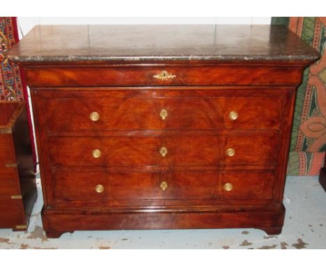 COMMODE, 19th century French Louis Philippe burr walnut with St. Annes grey marble top and four long drawers, 61cm x 131cm x 