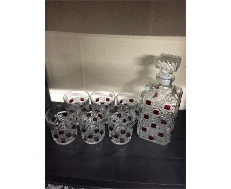 Cut glass decanter and 6 glasses, french