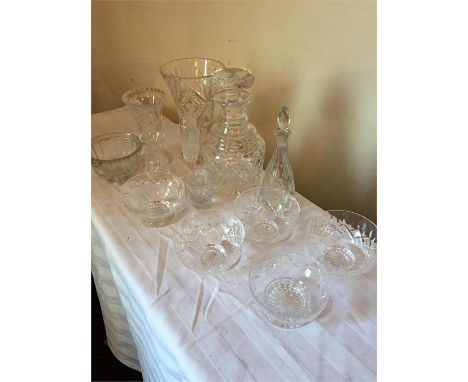 Collection of glass pieces, including a cut glass decanter, 5 sundae bowls, jelly mould and vases