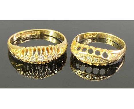 BIRMINGHAM 18CT GOLD 5 STONE DIAMOND RINGS (2) - both having inline rows of small diamonds in similar openwork settings with 