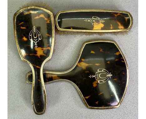 SILVER &amp; TORTOISESHELL CHILD'S DRESSING TABLE HAND MIRROR &amp; BRUSH SET, 3 PIECES - hallmarked London 1928, Maker possi