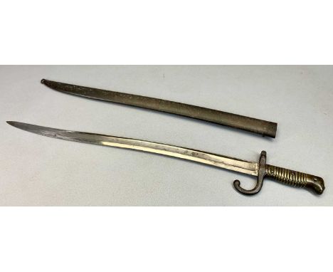 BAYONET &amp; SCABBARD INSCRIBED IN FRENCH &amp; DATED 1879 - 70cms total L