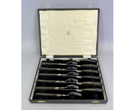 AS NEW SET OF 6 HORN HANDLED STEAK KNIVES &amp; FORKS - by Walker &amp; Hall Sheffield, all have decorative ferrules, present