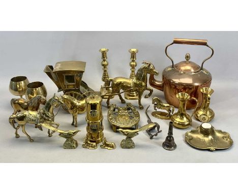 VICTORIAN CIRCULAR COPPER KETTLE - cover with acorn finial, 29.5cms H, cast brass horseshoe shape trivet 'Good Luck', small m