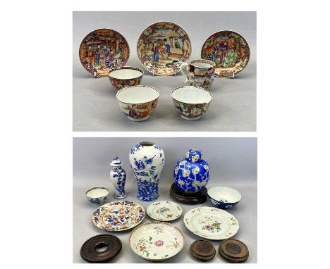 CHINESE BLUE &amp; WHITE VASES, colourful and other dishes, bowls and plates, ETC, showing numerous people conducting various