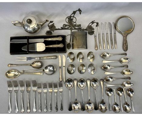 SILVER &amp; PLATED WARE COLLECTION - silver hand mirror, silver handled cutlery, six Scandinavian style modernist napkin rin