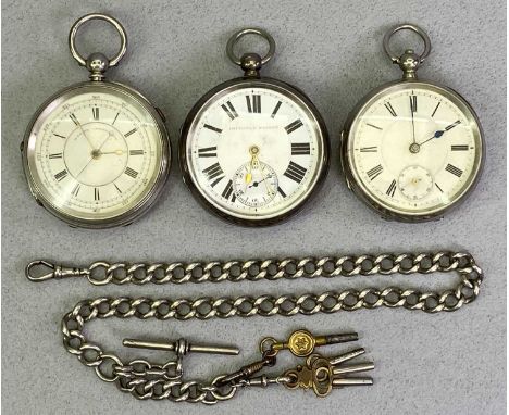 SILVER CASED OPEN FACE POCKET WATCHES (3) and a large curb link white metal Albert with T bar, clips and four watch winding k