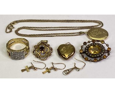 9CT, 14CT &amp; SILVER GILT JEWELLERY, A MIXED GROUP - to include a 9ct gold seed pearl and possibly citrine mounted brooch, 