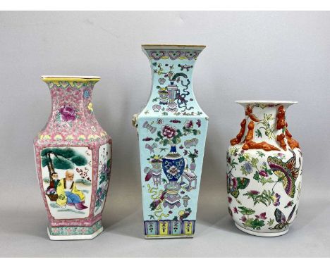 CHINESE FAMILLE ROSE VASE - late 19th century, of square form with flared rim, decorated with urns, vases and flowers on a tu