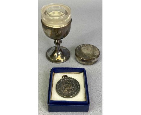 SILVER COMMUNION SET - London 1939, Maker A R Mowbray &amp; Co Ltd and a white metal medallion for the London Academy of Musi