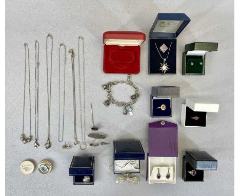 VICTORIAN &amp; LATER SILVER JEWELLERY, A COLLECTION - Norwegian enamel brooch, charm bracelet, name brooch, amethyst jewelle