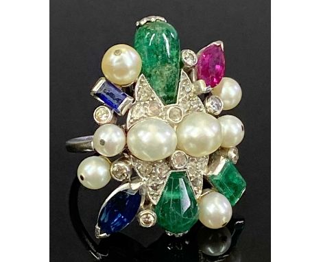 VINTAGE MULTI GEM SET LADY'S COCKTAIL RING - unmarked white metal mounted with various shape pearls and precious stones to in