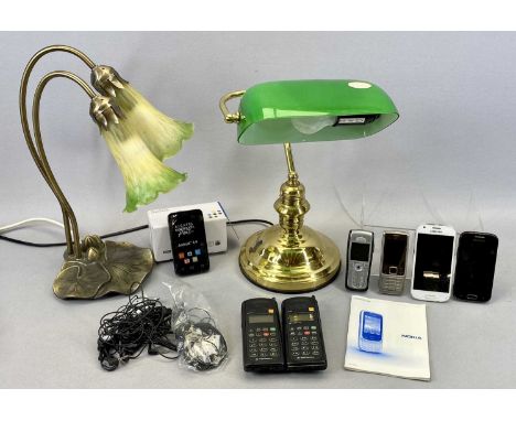 VINTAGE BRASS EFFECT DESK LAMP with green shade, 39cms H, another similar sized table lamp, Motorola Talk ahead MR30 mobile p