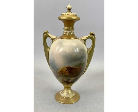 ROYAL WORCESTER OVIFORM TWO HANDLED VASE - finely painted with highland cattle by Harry Stinton, signed, puce mark to base No