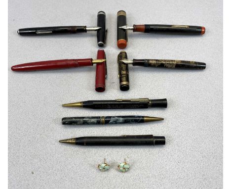 VINTAGE FOUNTAIN PENS, PROPELLING PENCILS and a pair of gilt metal and enamel earrings, the pens include a Leverfill Platinum
