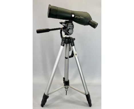 GERMAN PRISMATIC SPOTTING SCOPE - 20-60 x 60, with Tevion tripod stand and MAHOGANY TABLETOP DISPLAY CASE with glazed, hinged