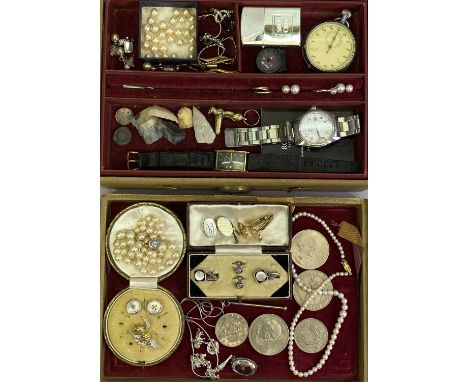 MIXED JEWELLERY &amp; COLLECTABLES GROUP - in a vintage jewellery box, to include cultured pearl necklaces, earrings and a ri