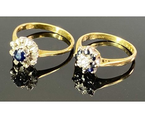 18CT GOLD DIAMOND &amp; BLUE SAPPHIRE RINGS (2) - one having a central diamond with sapphire surround, Birmingham 1976 stampe