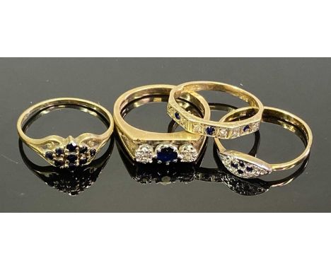 9CT GOLD GEM SET RINGS (4) - to include a half eternity ring having a single row of diamonds and blue stones, size mid L-M, o