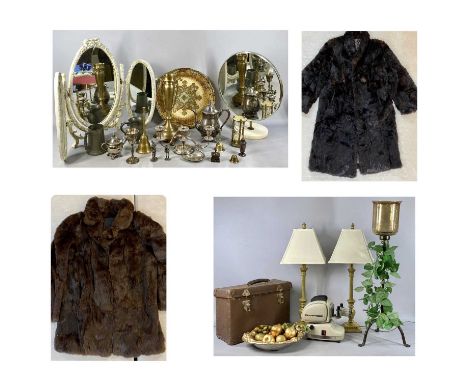 FURNISHING &amp; OTHER ITEMS - heavy brass candle holder, pewter items, EPNS, dressing table mirrors, old cased projector and