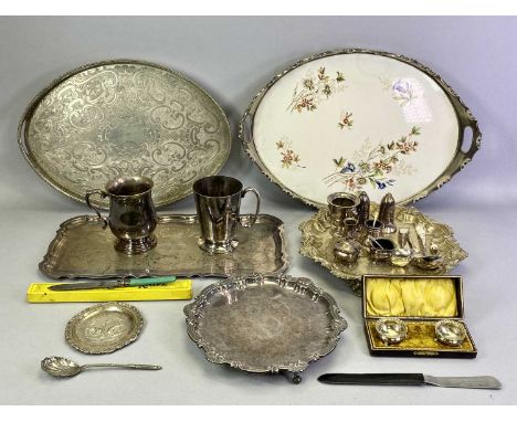 MIXED EPNS &amp; WHITE METAL WARE - to include a porcelain base tray with frilly edge plated border and two handles, 50cms ac