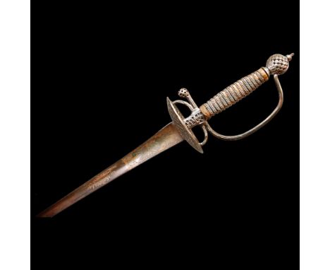A small-sword. France, 18th century. Blade of triangular section with hollow sides, the base engraved and gilded. The iron hi