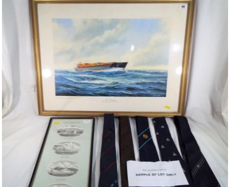 A framed print of an ABC container line vessel MV Antwerpen from an oil painting by Kenneth Grant. 75 cm x 58 cm and a framed