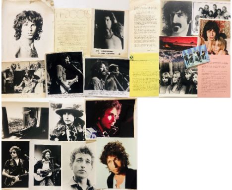 DOORS/DYLAN/ROLLING STONES PRESS RELEASES &amp; PHOTOS. 25 items to include 7 Bob Dylan press photos stamped to verso 'Pictor