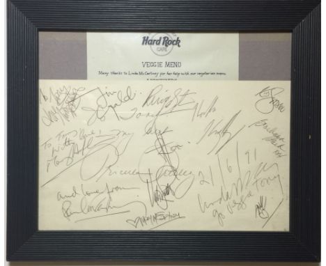 PAUL AND LINDA MCCARTNEY HARD ROCK CAFE MENU. A framed menu, the first of Linda McCartney's vegetarian selections for The Har